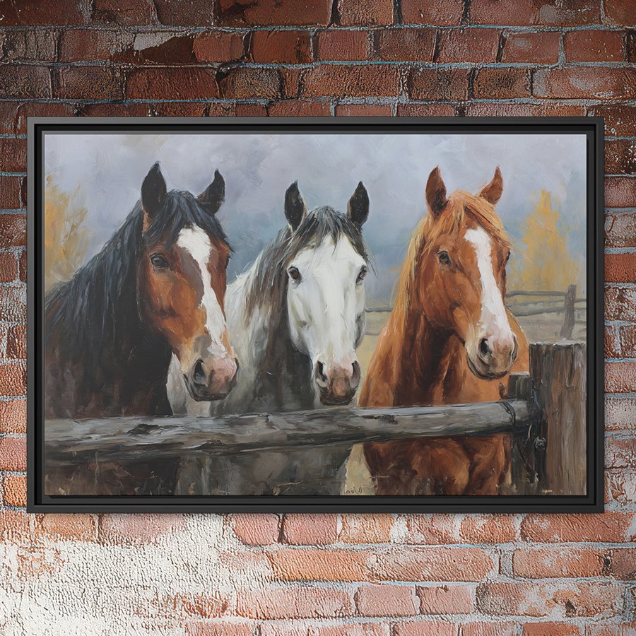 three horses fence wall art rustic painting of horses standing behind wooden fence countryside scene