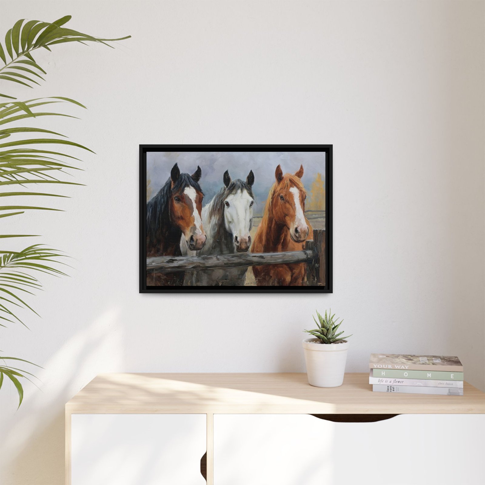 Three Horses Fence Wall Art – Rustic Farm Horse Painting Print - Image 3