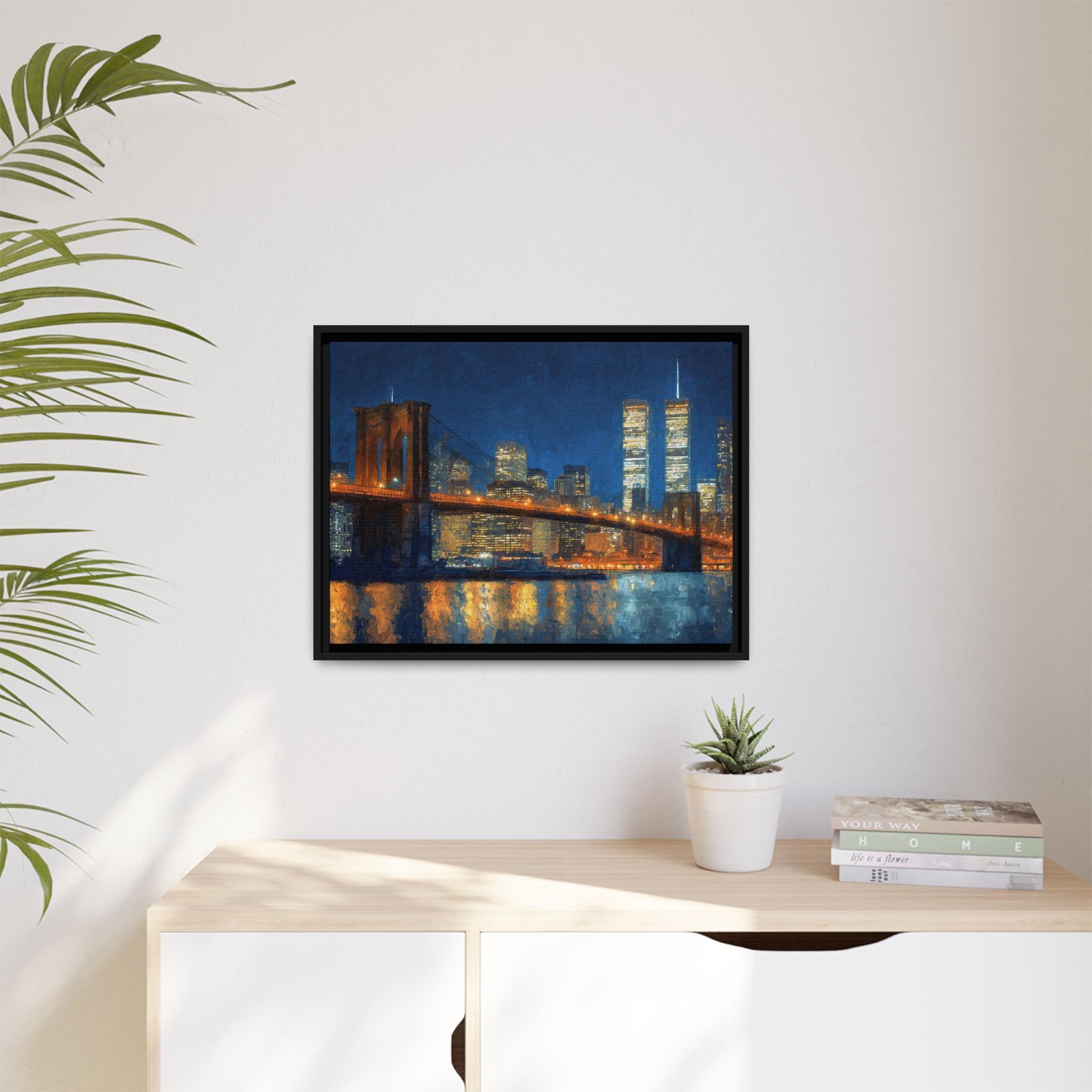 Brooklyn Bridge Twin Towers Wall Art – New York Skyline Night Painting - Image 5
