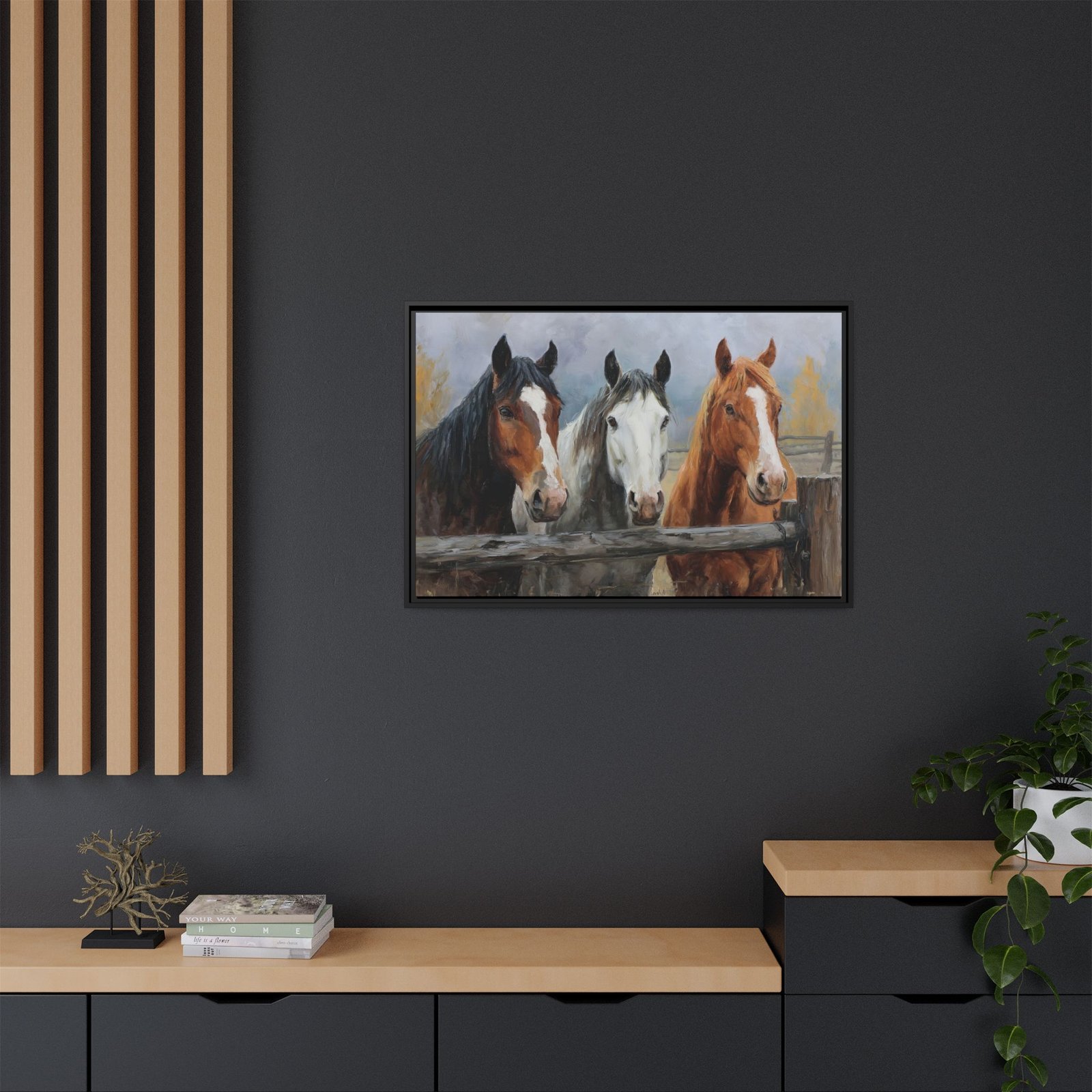 Three Horses Fence Wall Art – Rustic Farm Horse Painting Print - Image 2