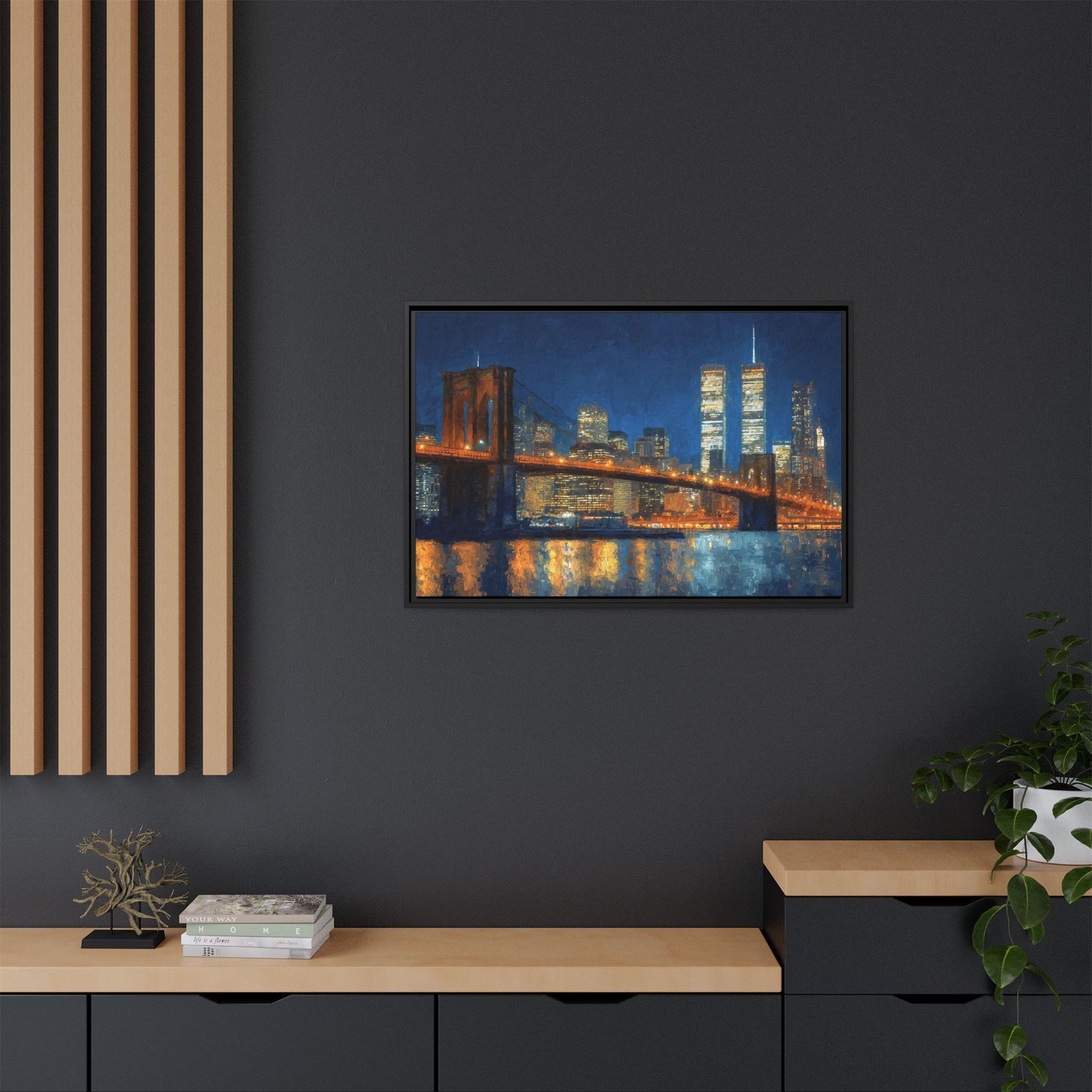 Brooklyn Bridge Twin Towers Wall Art – New York Skyline Night Painting - Image 4