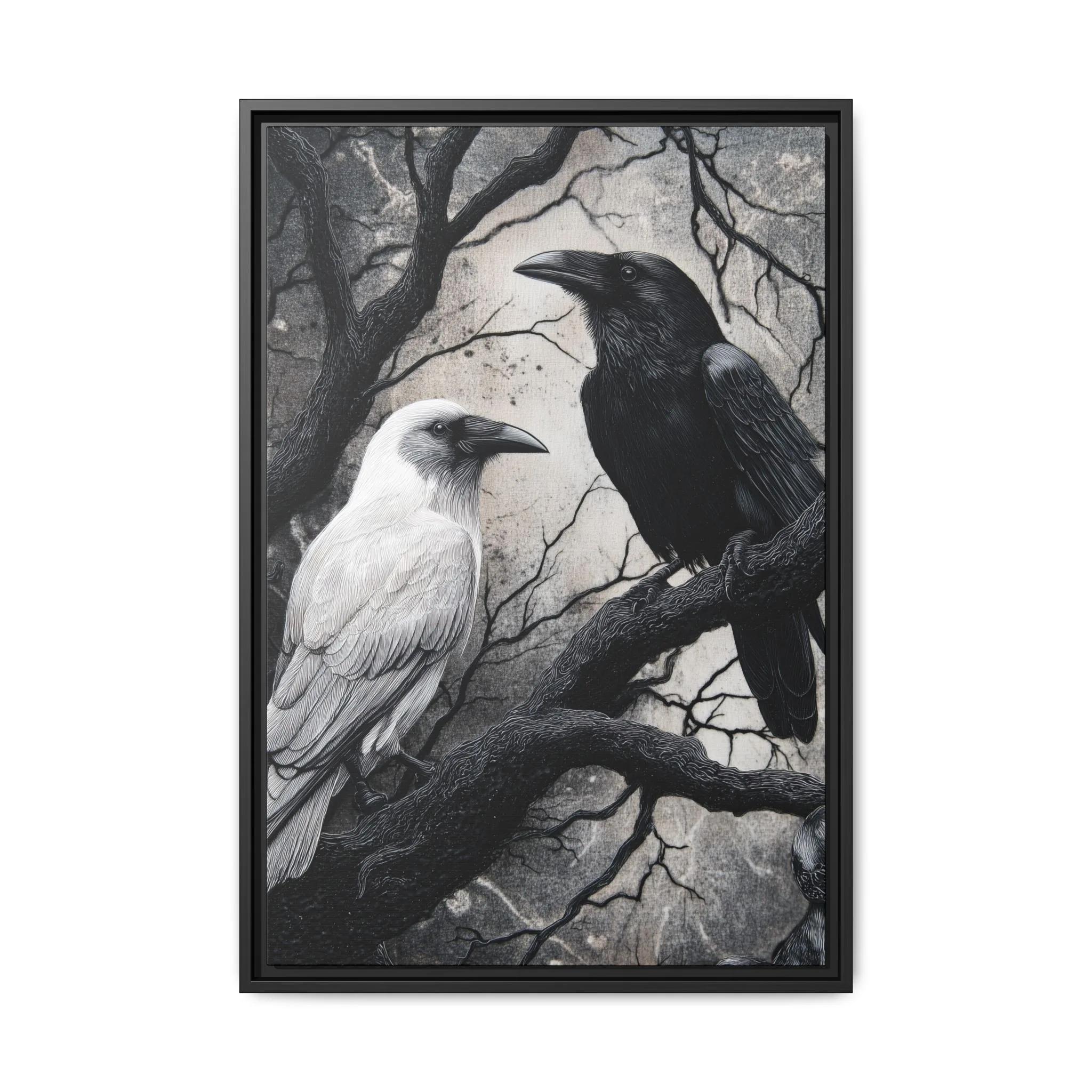 Black and White Raven Wall Art – Dual Raven Gothic Forest Print - Image 2