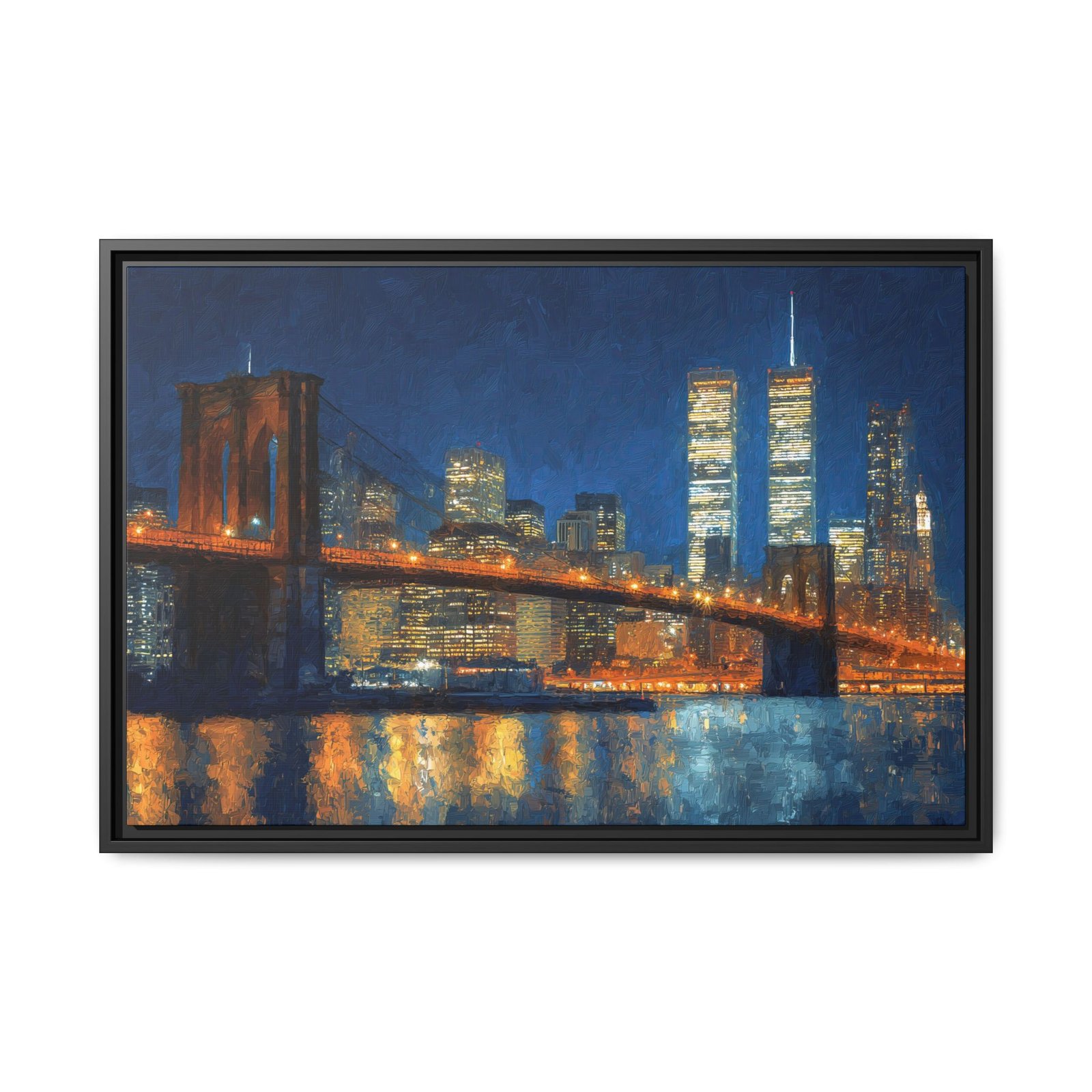 Brooklyn Bridge Twin Towers Wall Art – New York Skyline Night Painting - Image 2