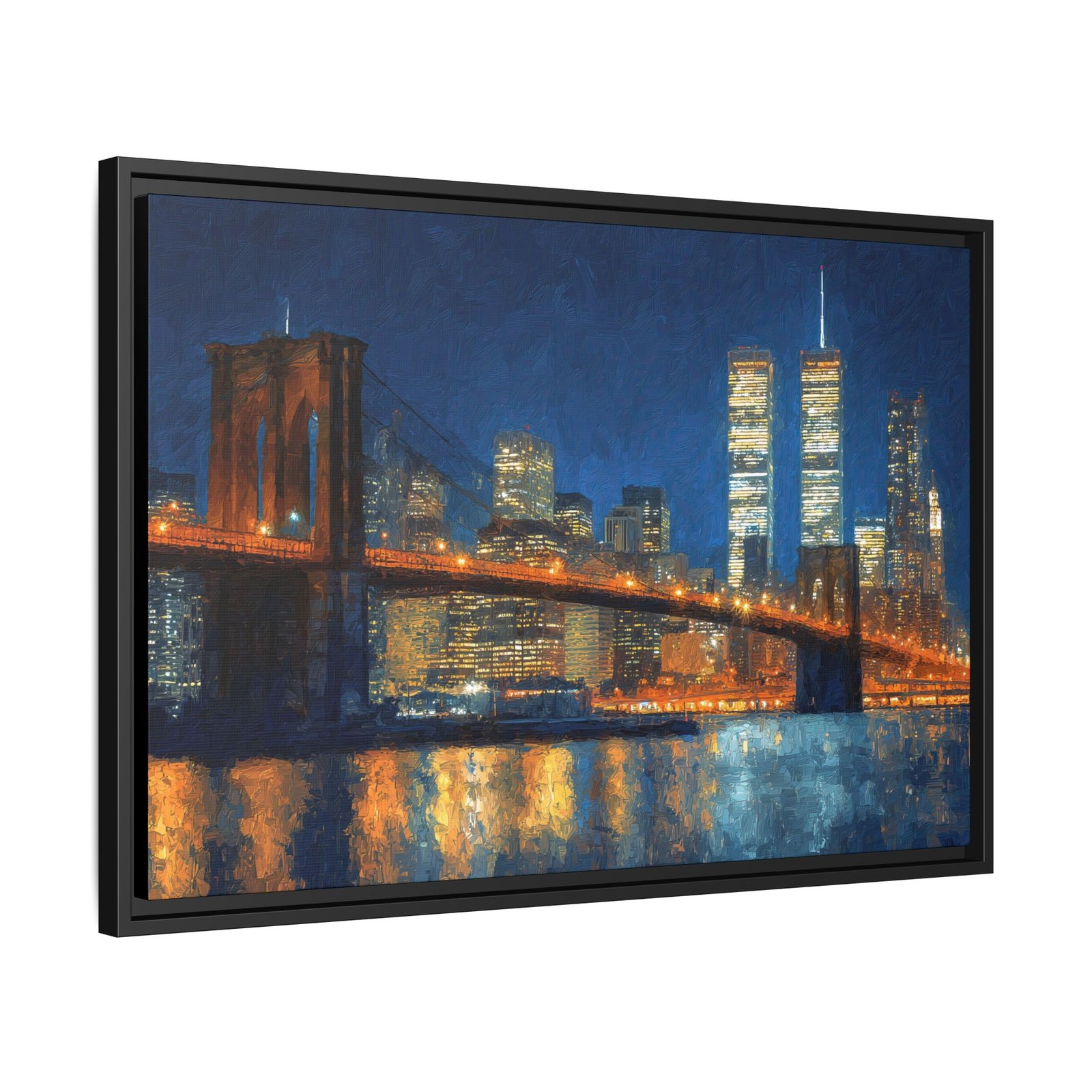 Brooklyn Bridge Twin Towers Wall Art – New York Skyline Night Painting - Image 3