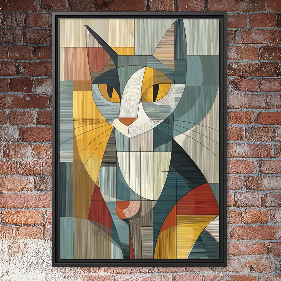 Geometric abstract cat portrait with cubist shapes, yellow eyes, and a modern muted color palette.