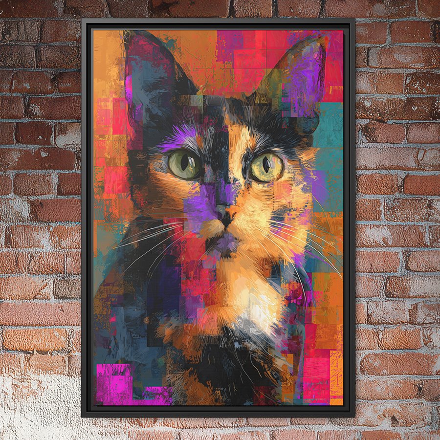 Colorful abstract portrait of a tortoiseshell cat with bright geometric textures and vivid multicolor background.