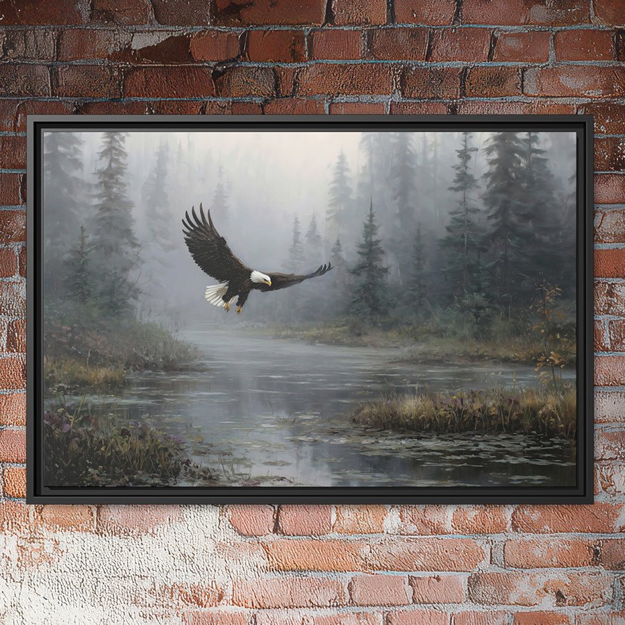Bald Eagle over forest river wall art.