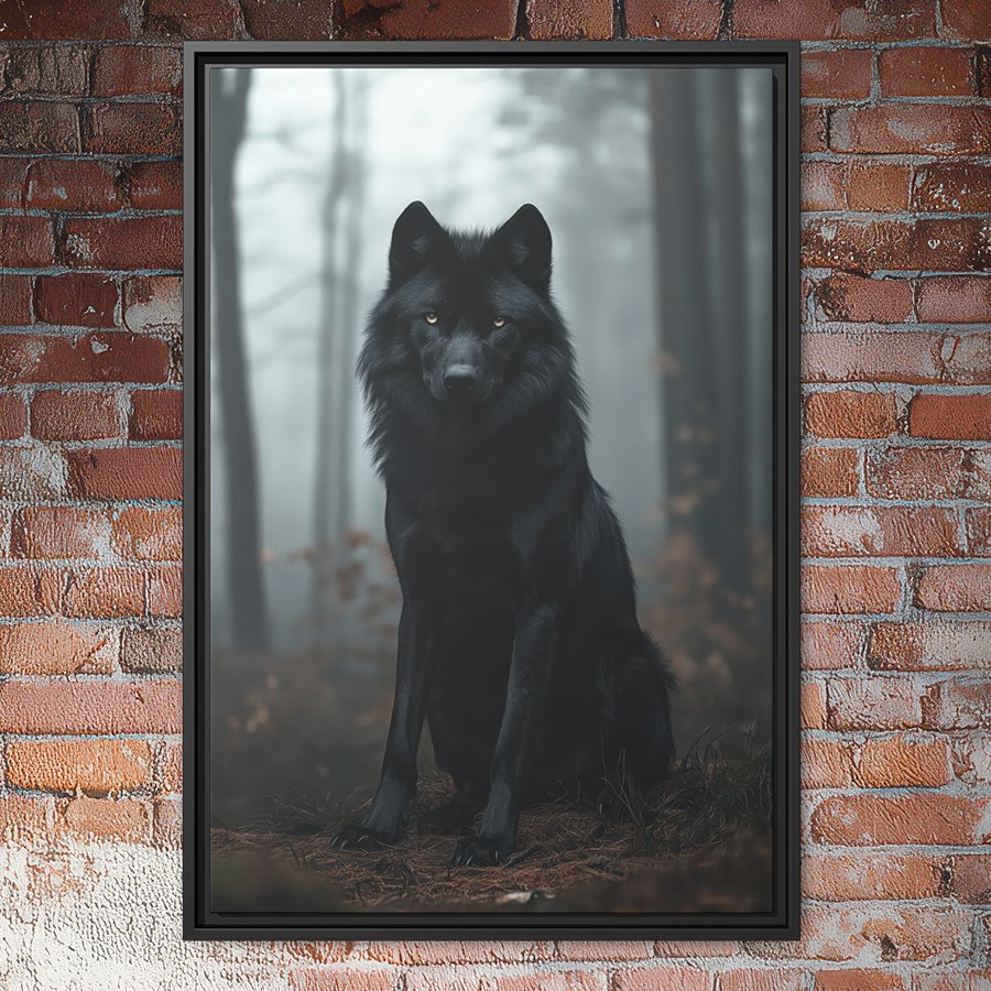 Black wolf in moody forest wall art.