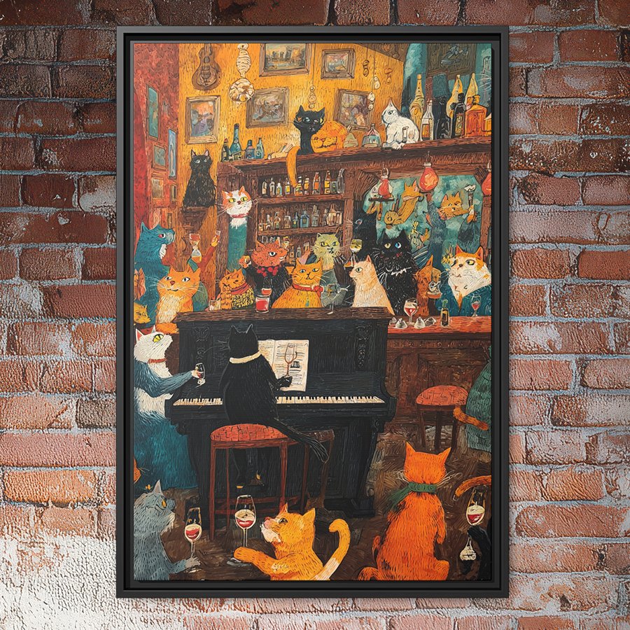 cats piano bar wall art whimsical scene of cats playing music and drinking in colorful tavern