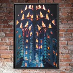 Chrysler Building at night with glowing Art Deco crown and illuminated windows in a vibrant New York City skyline painting.