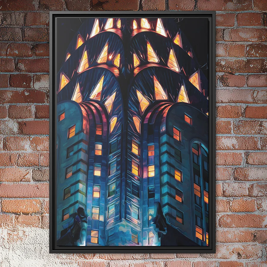 Chrysler Building at night with glowing Art Deco crown and illuminated windows in a vibrant New York City skyline painting.
