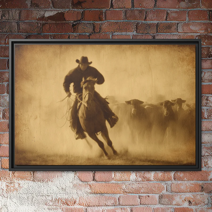 Vintage cowboy wrangling cows sepia wall art.