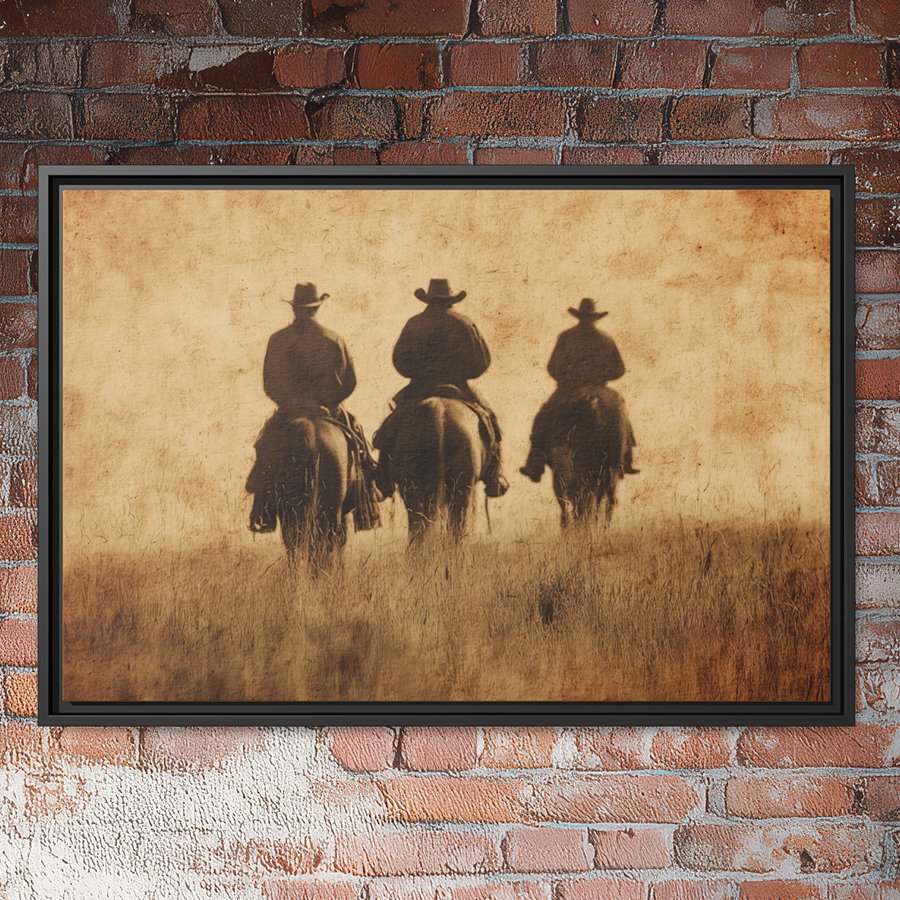 Cowboys on horses in a field sepia wall art.