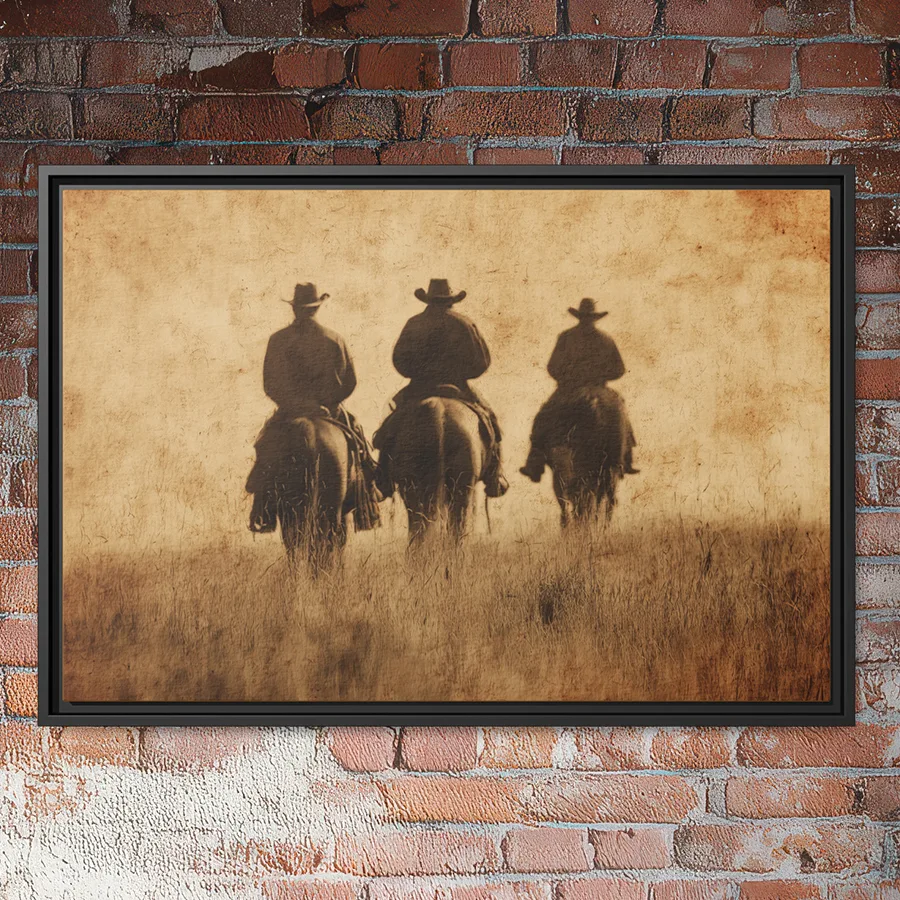Cowboys on horses in a field sepia wall art.