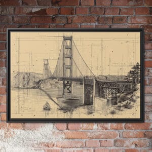 Golden Gate Bridge blueprint wall art vintage sepia architectural drawing of San Francisco bridge.