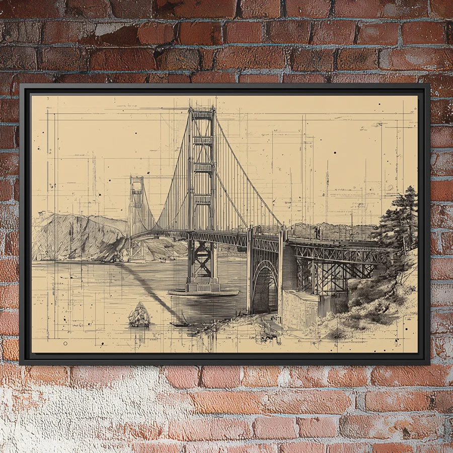 Golden Gate Bridge blueprint wall art vintage sepia architectural drawing of San Francisco bridge.