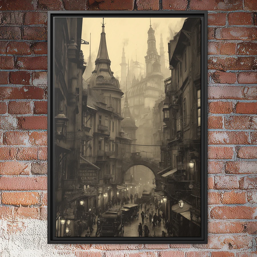Vintage rainy steampunk city wall art.