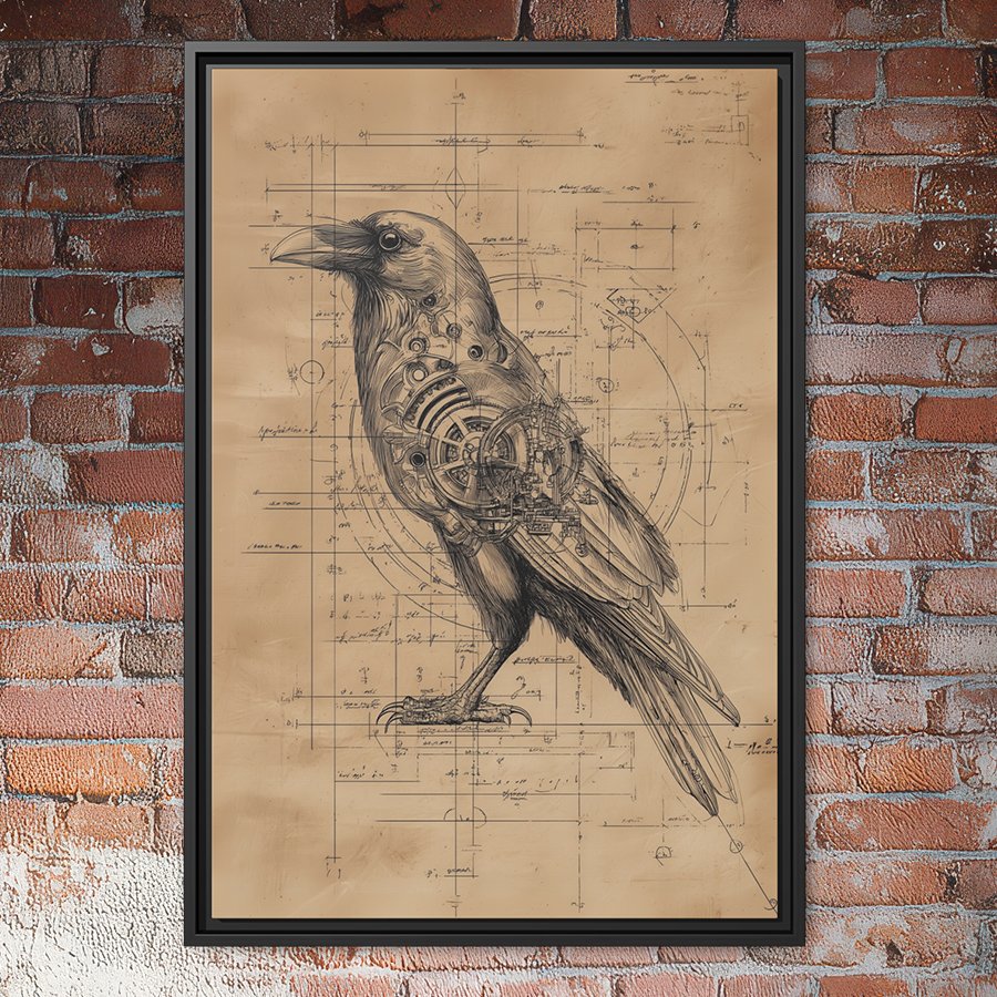 Mechanical raven blueprint wall art.