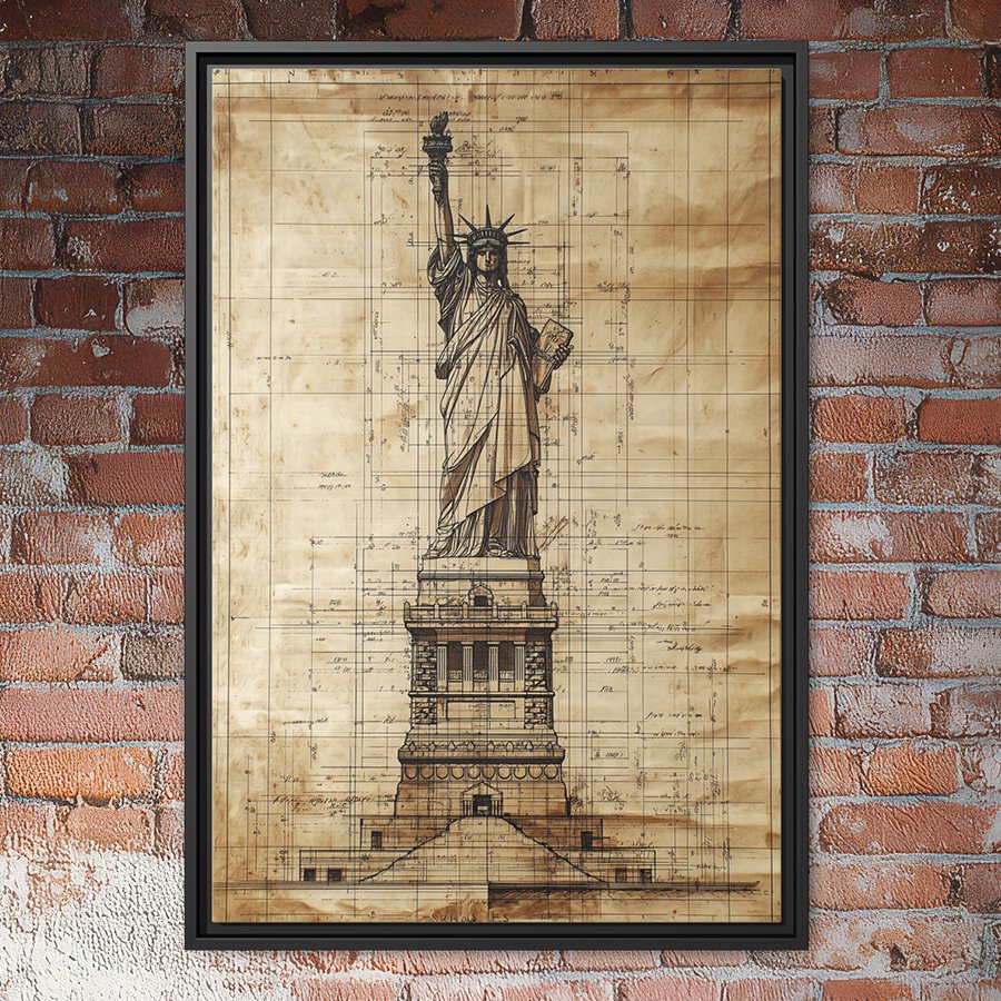 Statue of Liberty sepia blueprint wall art.