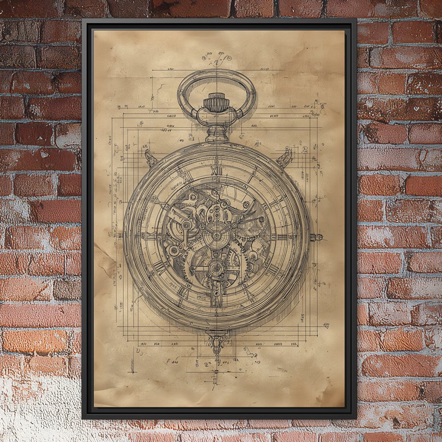 Vintage stopwatch blueprint wall art.