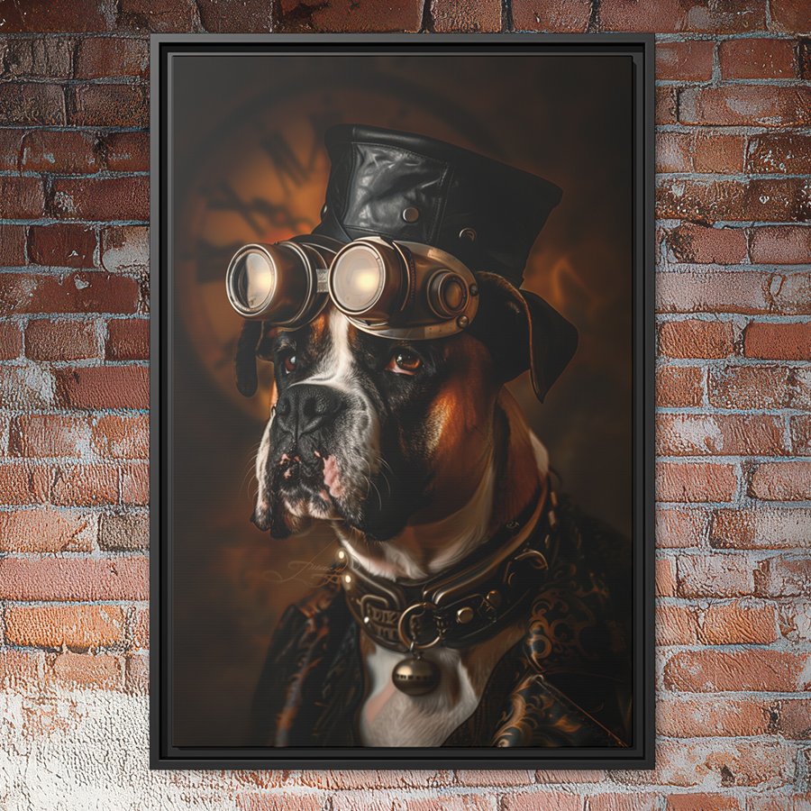 Steampunk boxer dog portrait wall art.