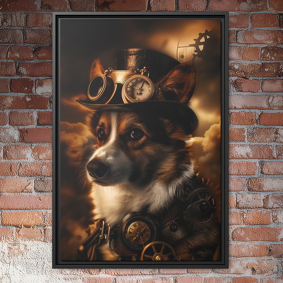 Steampunk corgi dog portrait wall art.