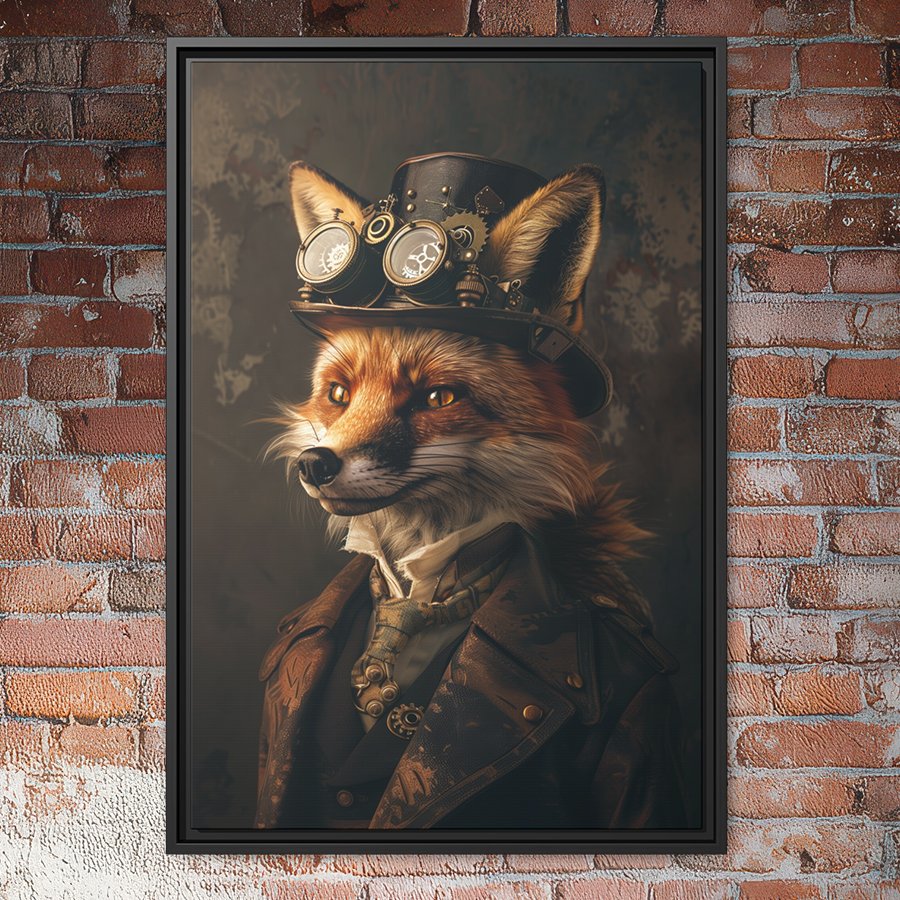 Steampunk fox portrait wall art.