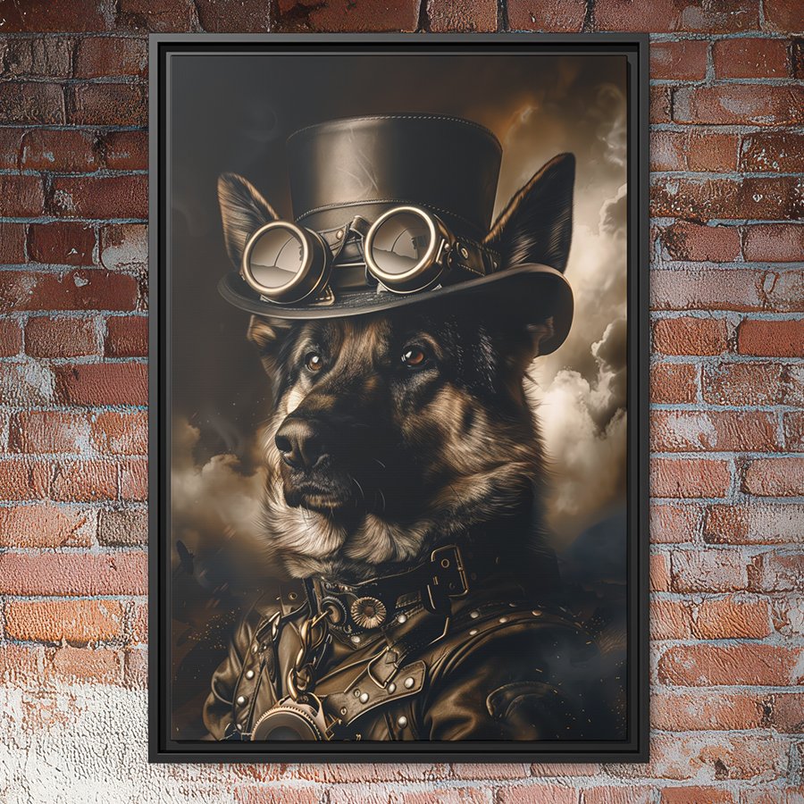 Steampunk German Shepherd portrait wall art.