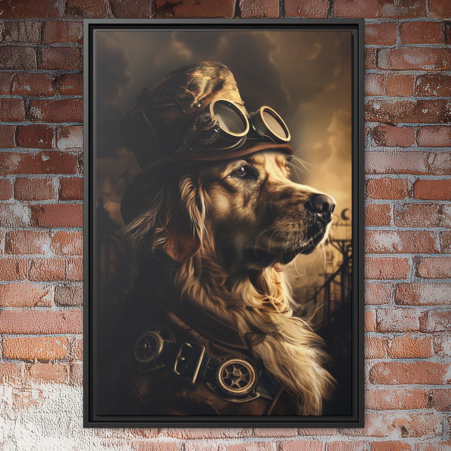 Steampunk Golden Retriever portrait wall art.
