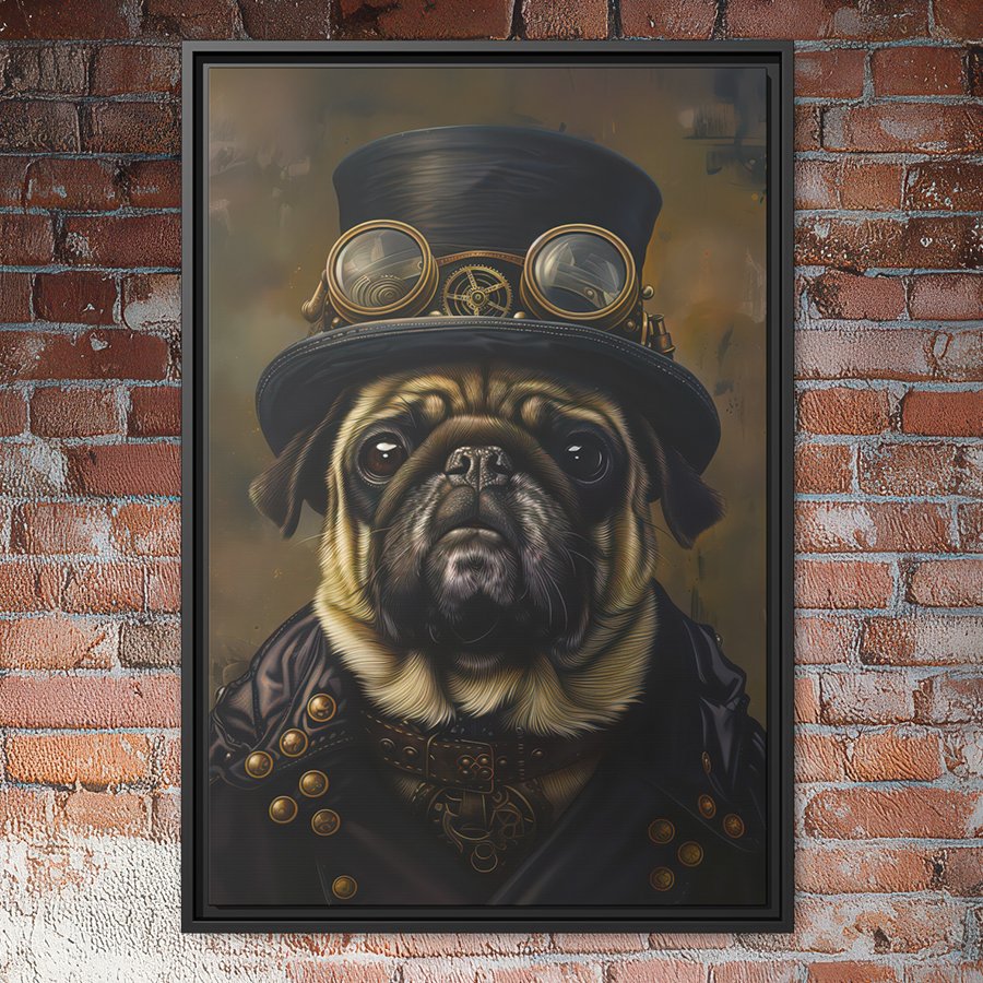 Steampunk pug portrait wall art.