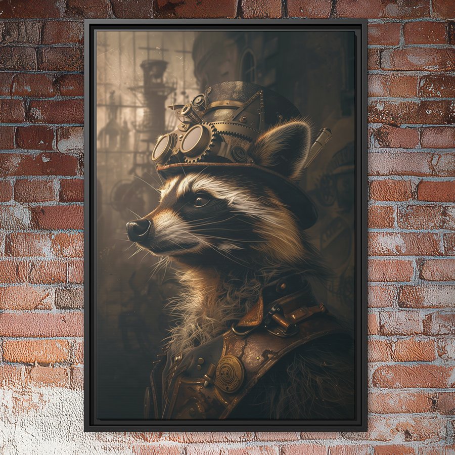 Steampunk raccoon portrait wall art.