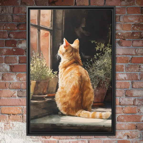Orange tabby cat sitting by a window with warm sunlight and potted plants in a cozy indoor scene.
