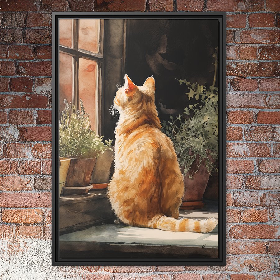 Orange tabby cat sitting by a window with warm sunlight and potted plants in a cozy indoor scene.