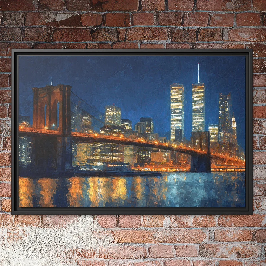 brooklyn bridge twin towers wall art new york skyline night painting with city lights reflecting on water