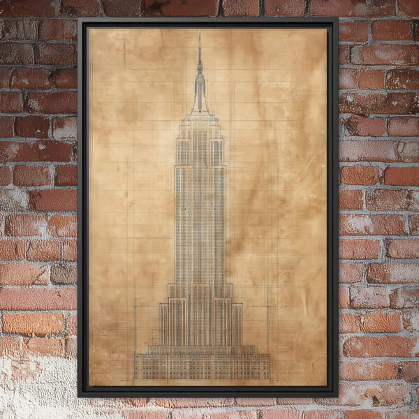 empire state building blueprint wall art vintage sepia architectural drawing new york skyscraper