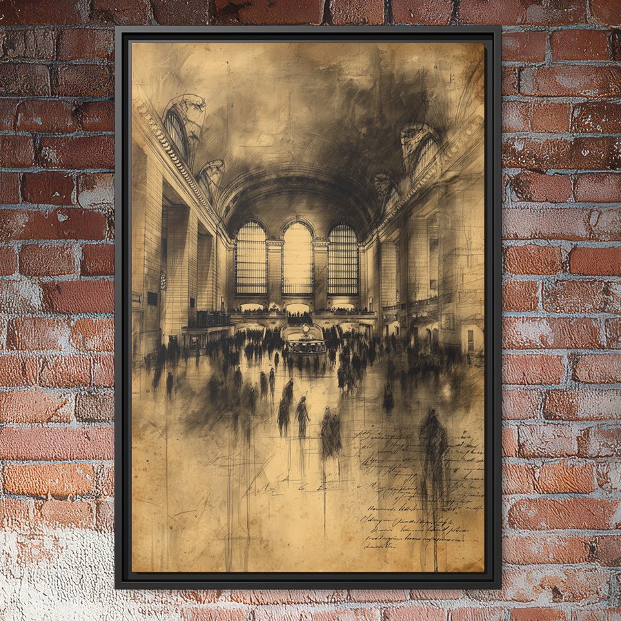 Vintage Grand Central Station sepia sketch wall art.