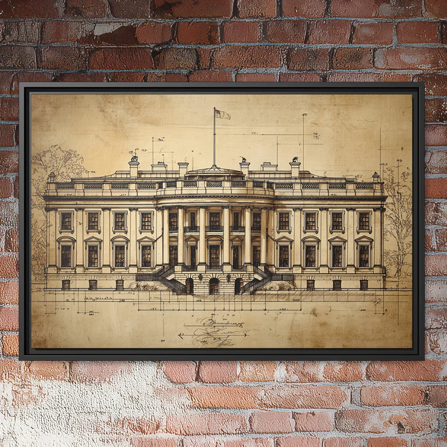 White House blueprint wall art vintage sepia architectural drawing of presidential building washington dc.