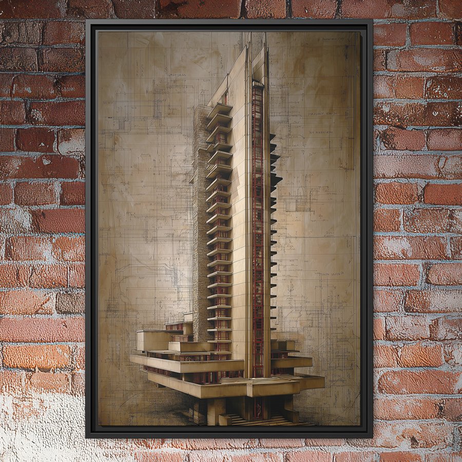 architectural skyscraper design with blueprint background and modern geometric structure inspired by frank lloyd wright