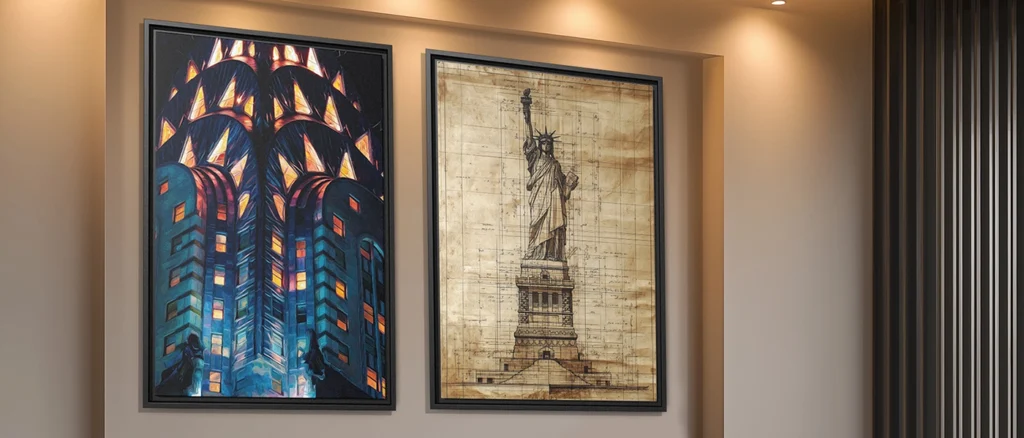 Framed wall art prints in modern living room with warm lighting