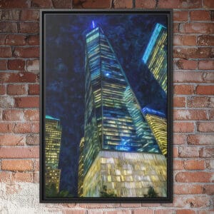 one world trade center illuminated at night with surrounding new york city skyscrapers