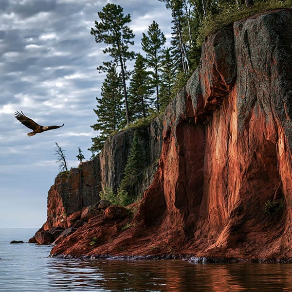 bald eagle soaring over lake superior surrounded by forest