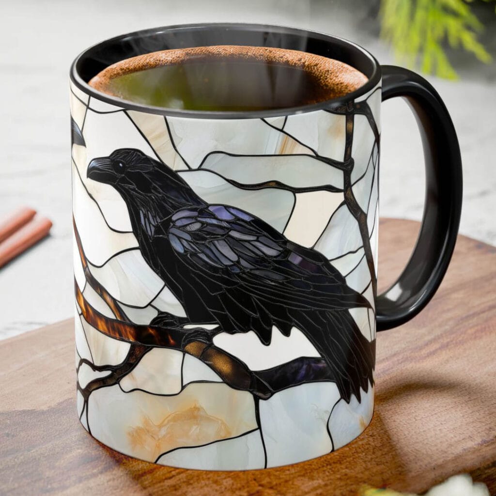 Crow or raven stained glass coffee mug.
