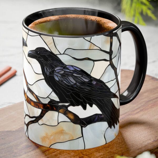 Crow or raven stained glass coffee mug.