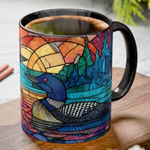 stained glass loon ceramic coffee mug with colorful lake wildlife design