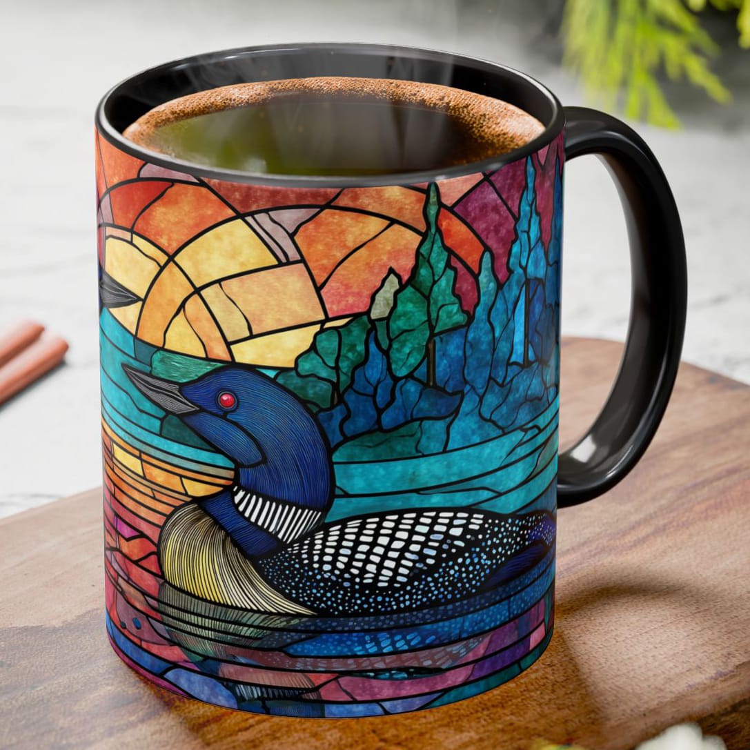 stained glass loon ceramic coffee mug with colorful lake wildlife design