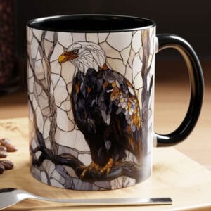 stained glass bald eagle ceramic coffee mug with patriotic wildlife design