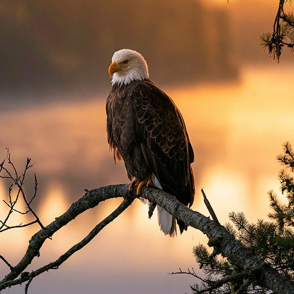 bald eagle perched sunrise lake
