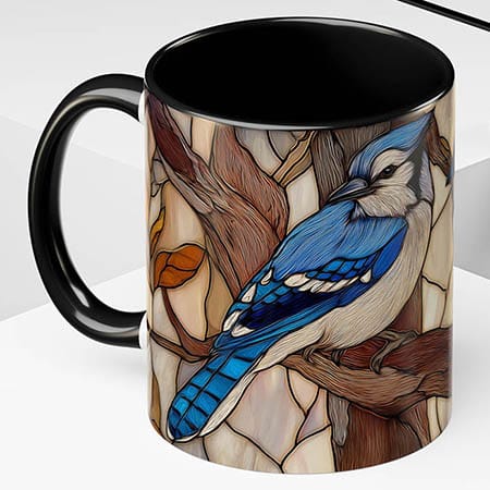blue jay stained glass black coffee mug