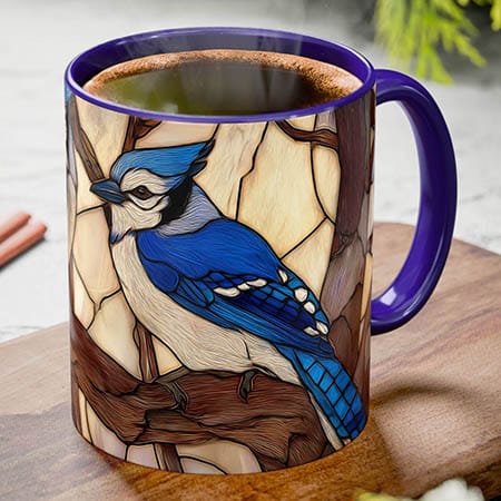 blue jay stained glass coffee mug