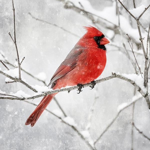 Cardinal in tree in winter with white snow background.